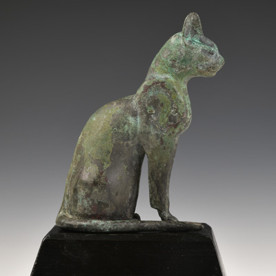 Cat Figurine (with incised wadjet-eye amulet), Ancient Egyptian, Late Period, 664-332 BCE, Bronze, cast; Gift of Fred W. Neumann, 2020.012.004