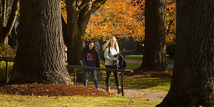 two students walking on campus in the fall