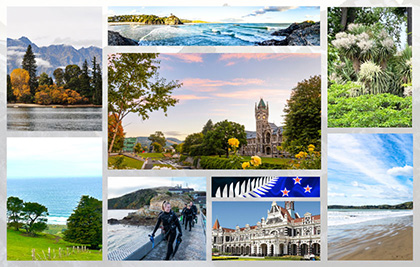 A collage of Dunedin, New Zealand featuring beaches, castles, greenery, mountains, and people headed to watersports