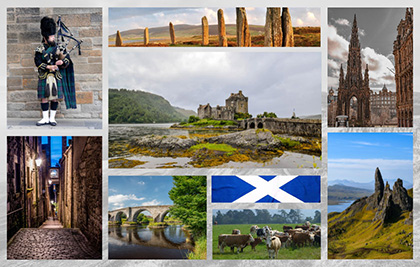 A collage of streets, bridges, landscapes, bagpipes, buildings, castles, sheet, and streets of Scotland