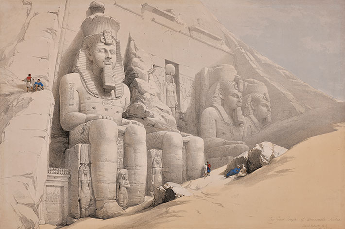 David Roberts, in collaboration with Louis Haghe, “The Great Temple of Aboo Simble (Abu Simbel), Nubia,” November 9, 1838, in “The Holy Land, Syria, Idumea, Arabia, Egypt, and Nubia,” vol. 4, 1842‒49, Royal Subscription Edition, hand-colored lithograph, sheet size 16 7/16 x 23 15/16 inches, image size 12 7/8 x 19 1/4 inches, collection of Ken and Linda Sheppard. 