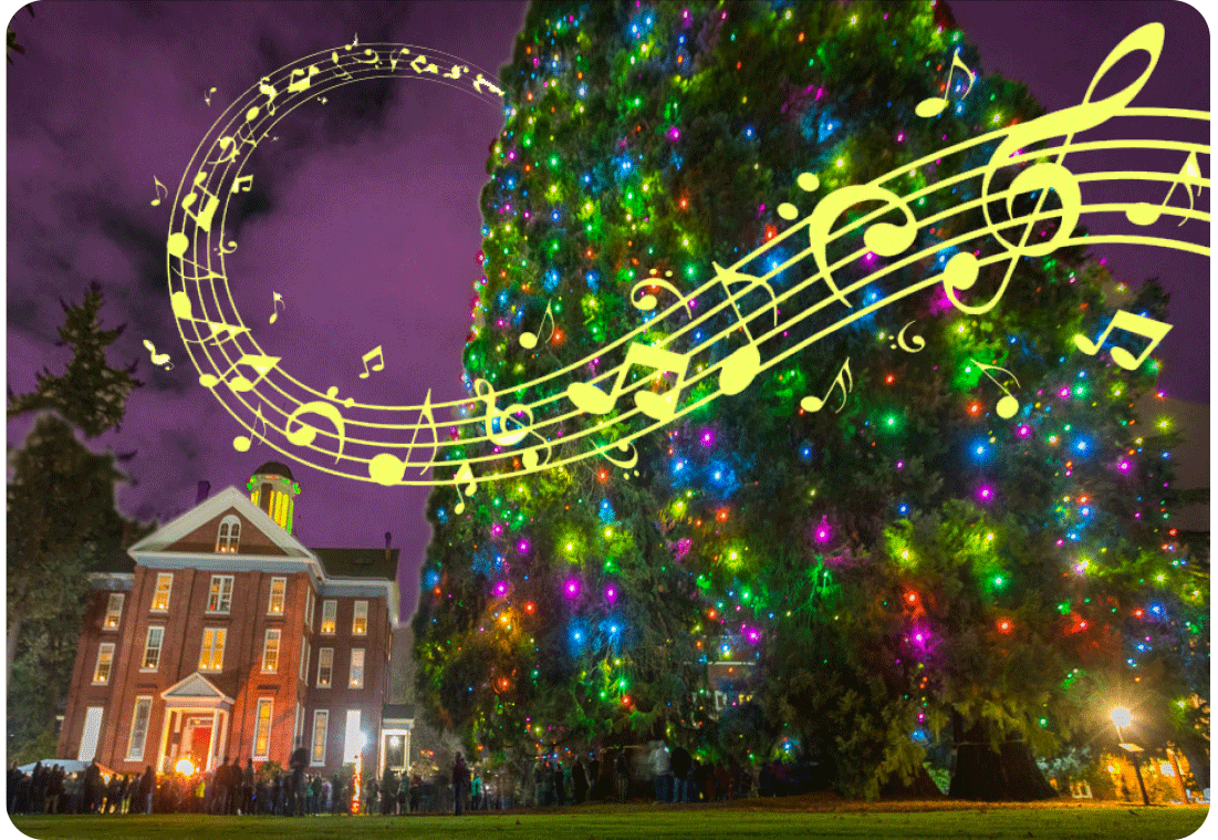 music notes flying around christmas trees