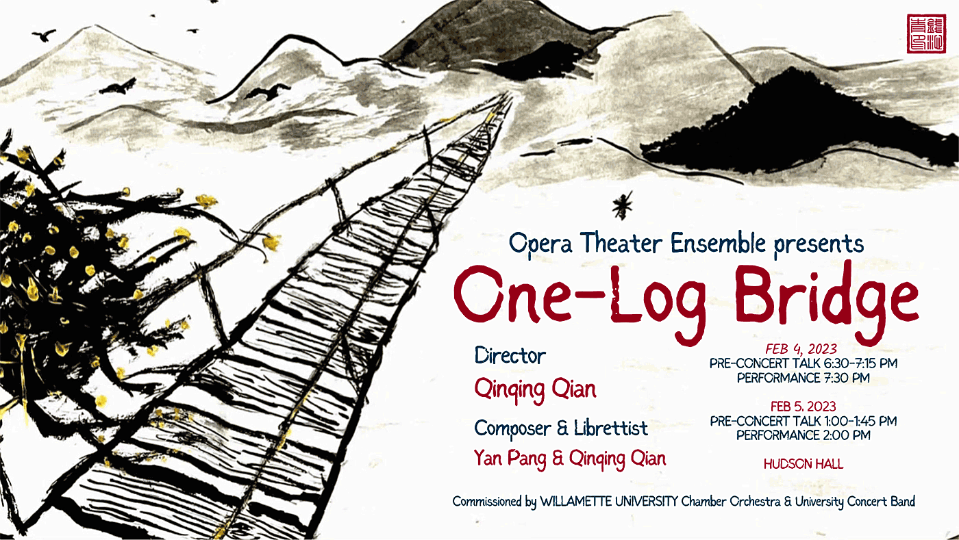 Poster for One Log Bridge with rope bridge in a mountain setting, including show information contained on this webpage.