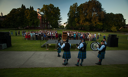 Bagpipers lead the annual procession of the president and the College of Liberal Arts faculty to the Opening Days convocation address.