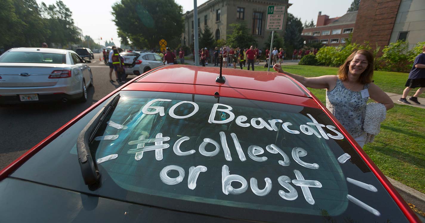One student arrived in a car with the words, “Go Bearcats #collegeorbust” painted on its rear window.