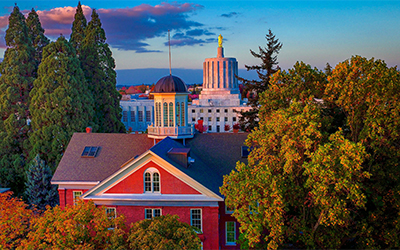 Waller hall cupola from above, autumn colored trees, Oregon  state capitol in background