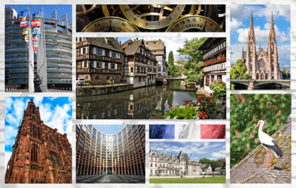 A collage of Stratsbourg, France, featuring waterways, buildings, architecture, and the French flag